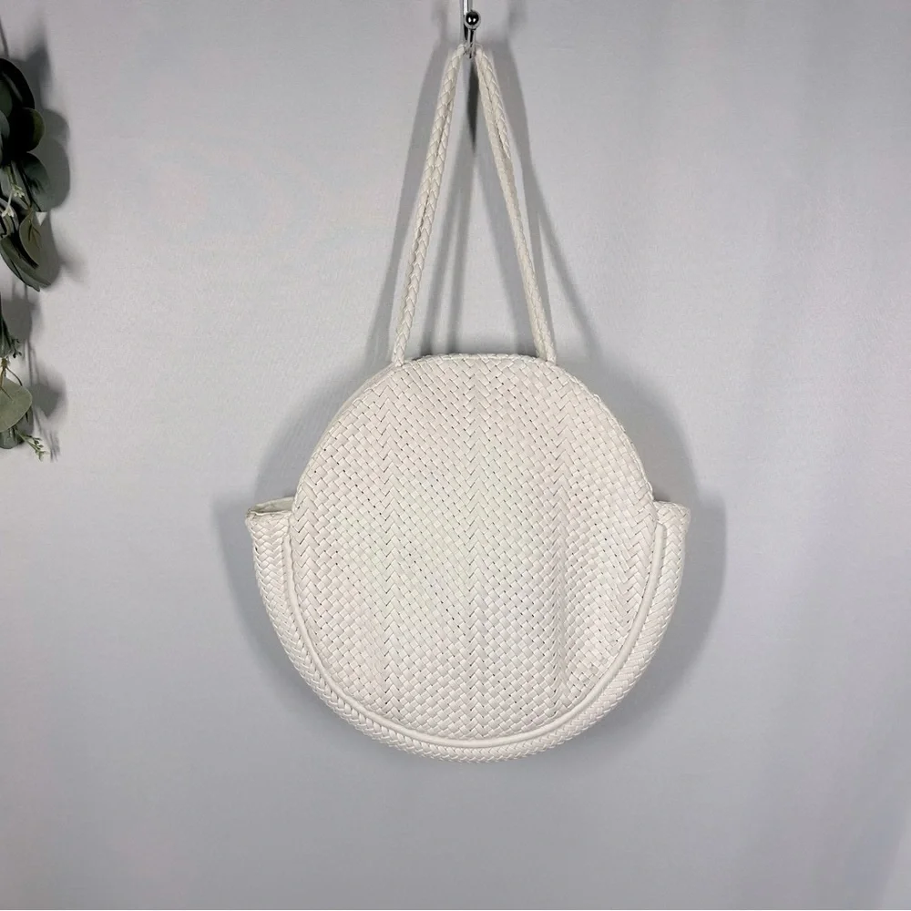 Anthropologie | Alison Woven Circular White Handbag Purse Tote Bag Faux Leather